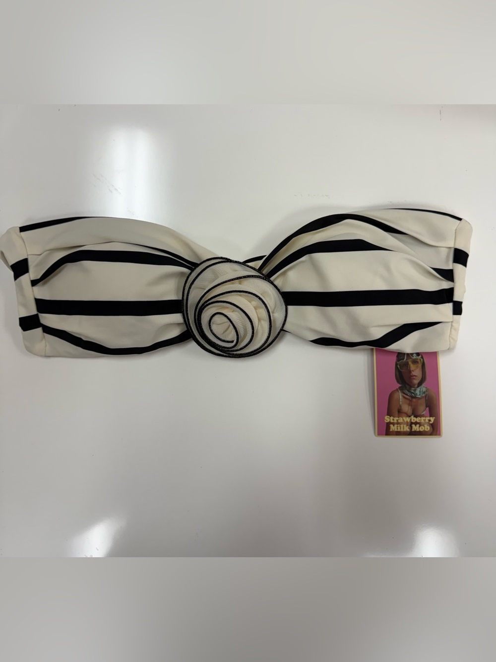 Strawberry Milk Mob black and cream striped bandeau bikini top